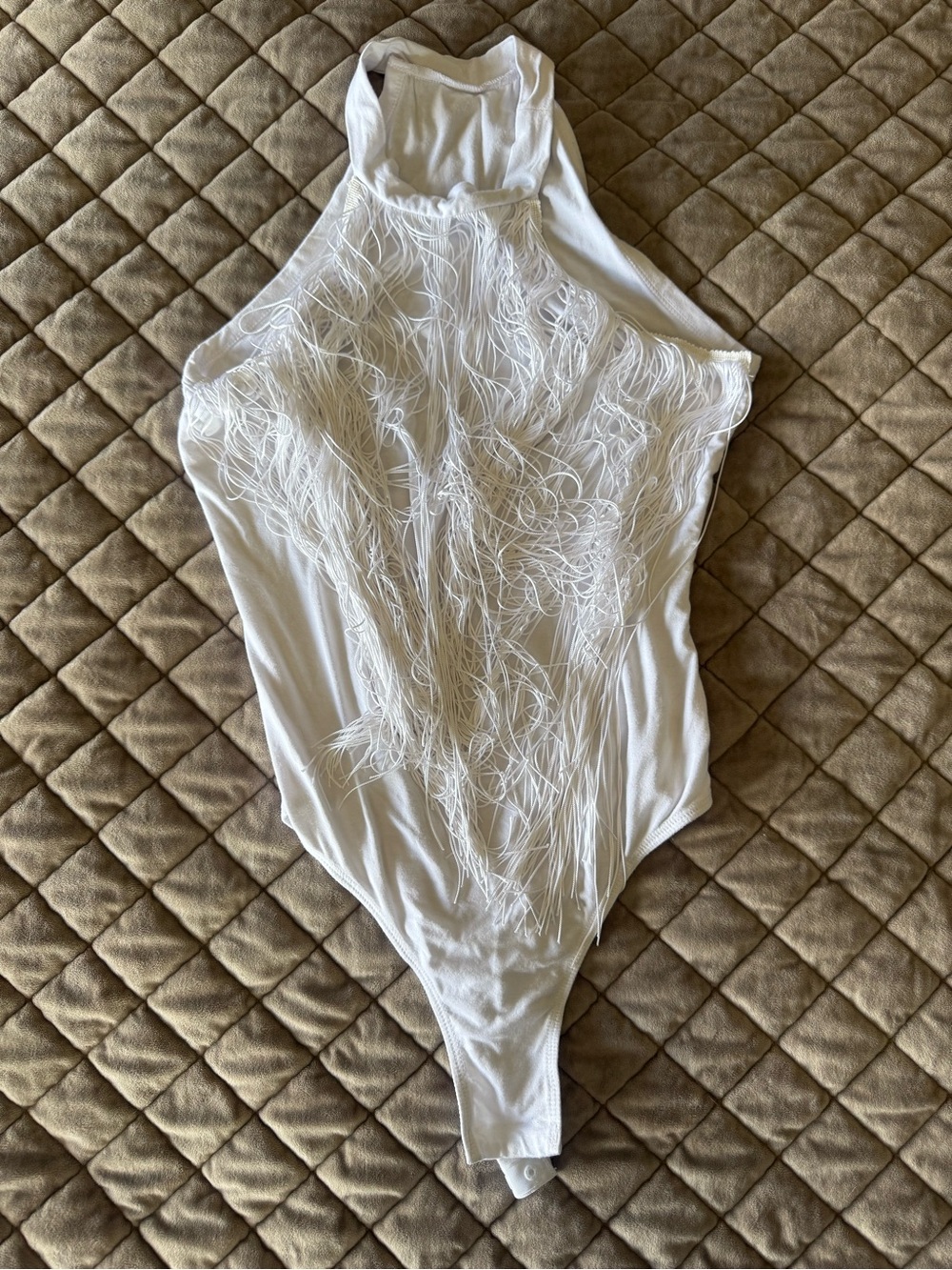 White Fringe Halter Bodysuit - fun for Bach Party